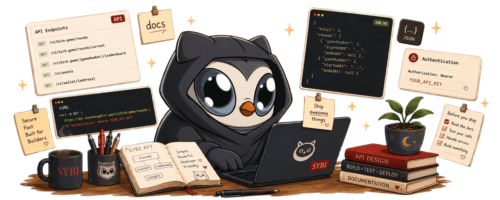 An owl Moonbird developer working at a laptop with books and a coffee cup.