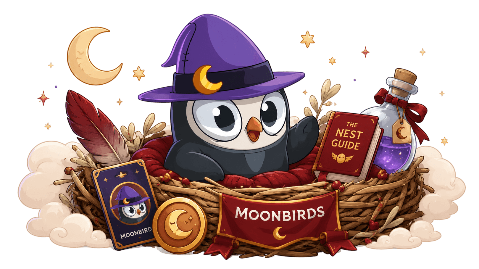 A wizard Moonbird perched in a twig nest under a crescent moon.