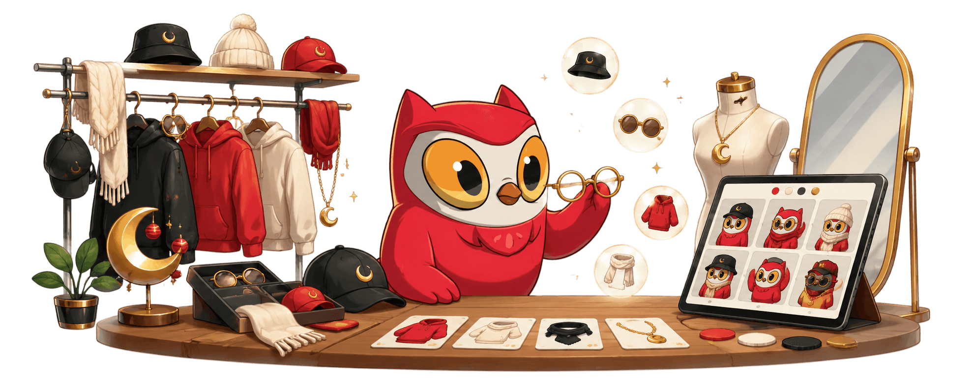 Moonbird wardrobe illustration — layers of traits and outfits for building a custom PFP.